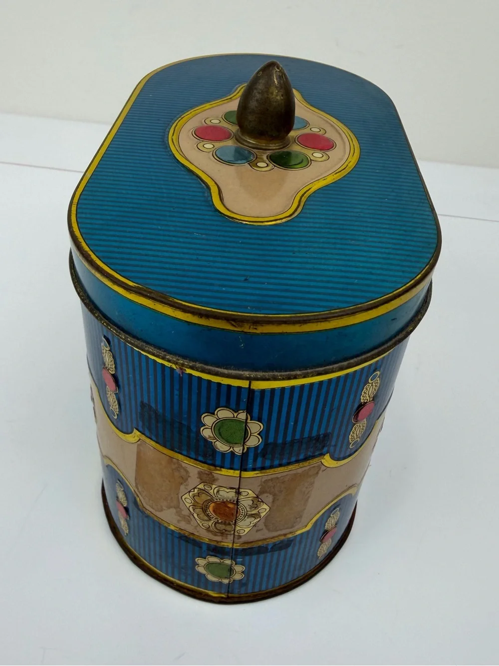 Vintage Blue Floral Tin Canister Storage Box with Brass Lid Knob